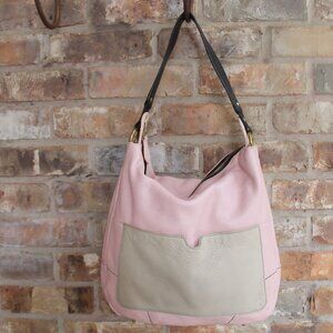 orYany Pebbled Leather Shoulder Bag Palest Pink Beige and Black Shoulder Strap